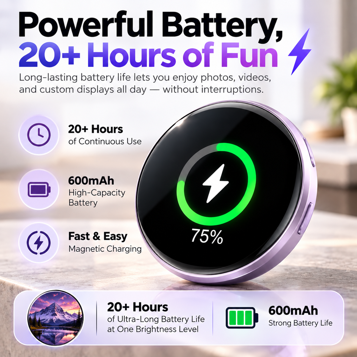 Digital badge pin showing a battery charge screen